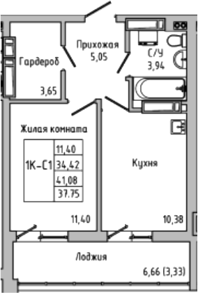 Планировка — Луна, 1-комн., 34 м²