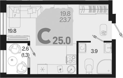Планировка — Первое место, Студия, 24 м²