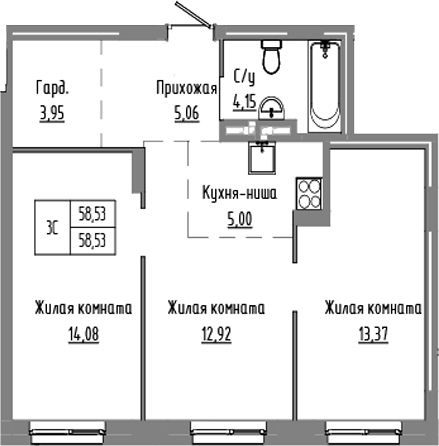 Планировка — Базилик, 3-комн., 59 м²