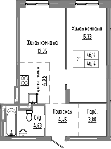 Планировка — Базилик, 2-комн., 46 м²