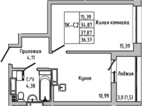 Планировка — Луна, 1-комн., 35 м²