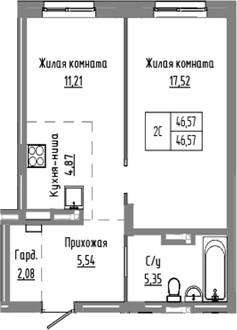 Планировка — Базилик, 2-комн., 47 м²