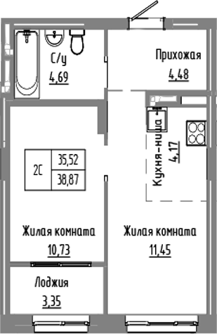 Планировка — Базилик, 2-комн., 36 м²