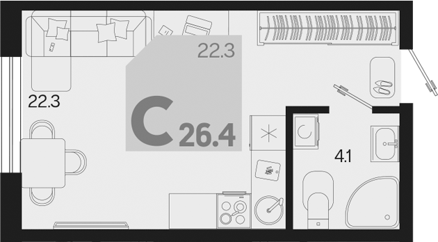 Планировка — Первое место, Студия, 26 м²