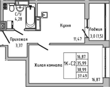 Планировка — Луна, 1-комн., 36 м²