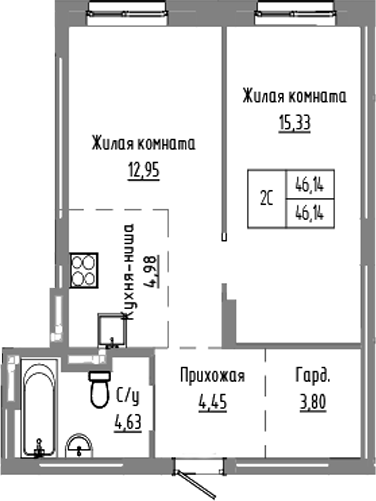 Планировка — Базилик, 2-комн., 46 м²