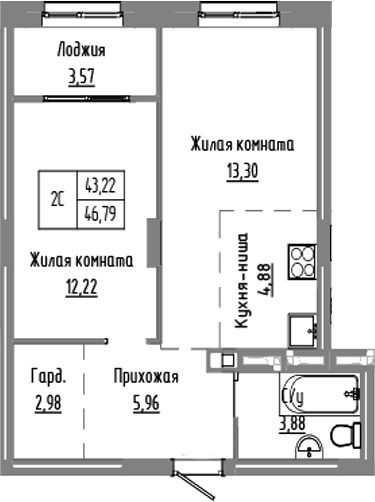 Планировка — Базилик, 2-комн., 43 м²