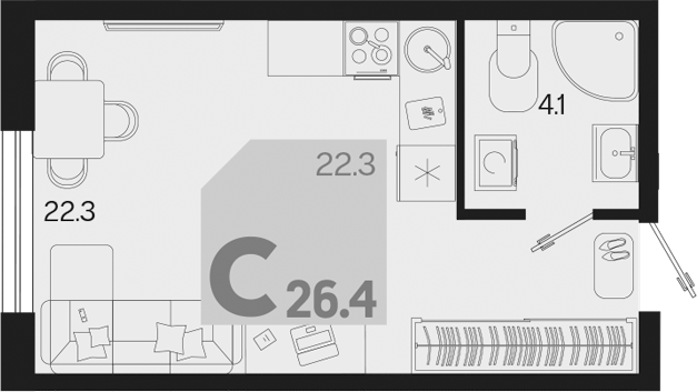 Планировка — Первое место, Студия, 26 м²