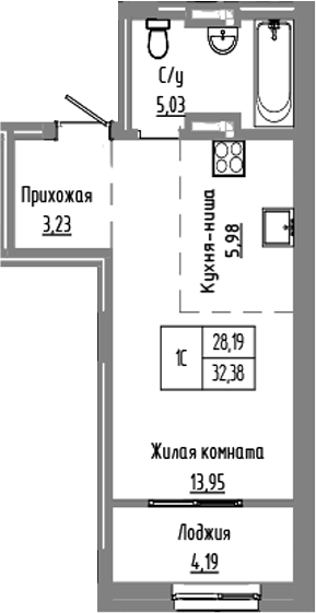 Планировка — Базилик, Студия, 28 м²