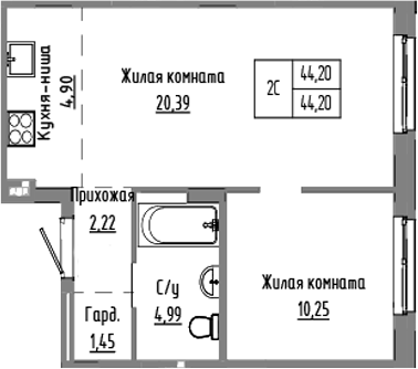 Планировка — Базилик, 2-комн., 44 м²