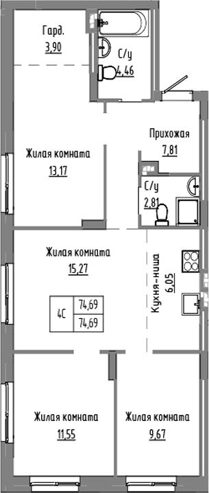 Планировка — Базилик, 4-комн., 75 м²