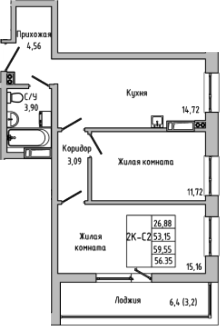 Планировка — Луна, 2-комн., 53 м²