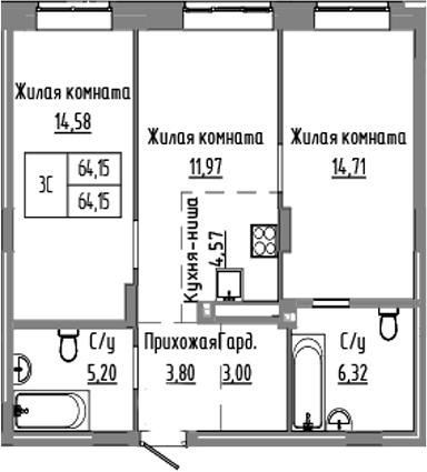 Планировка — Базилик, 3-комн., 64 м²