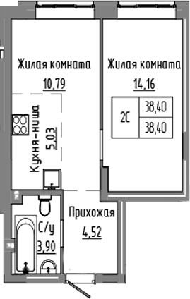 Планировка — Базилик, 2-комн., 38 м²