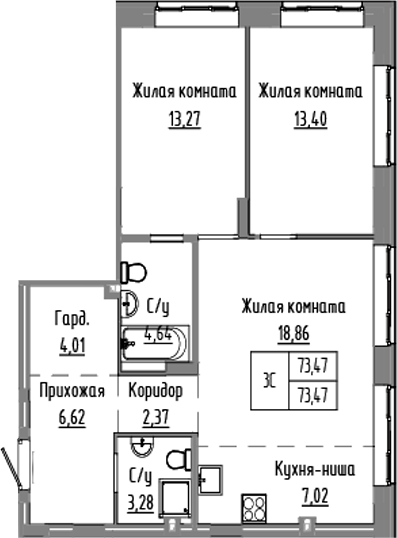 Планировка — Базилик, 3-комн., 73 м²