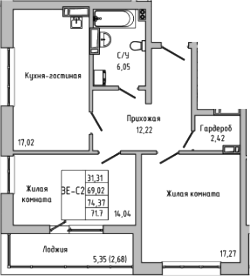 Планировка — Луна, 3-комн., 69 м²