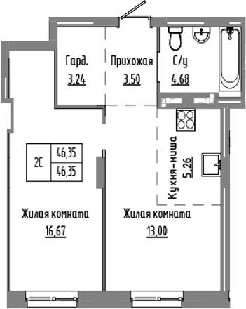 Планировка — Базилик, 2-комн., 46 м²