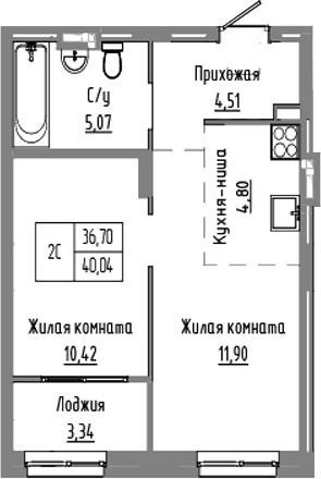 Планировка — Базилик, 2-комн., 37 м²
