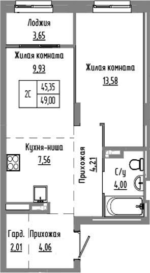 Планировка — Базилик, 2-комн., 45 м²