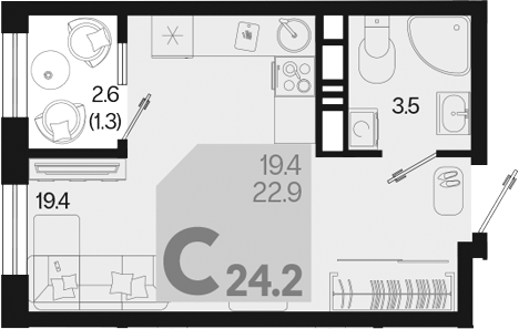 Планировка — Первое место, Студия, 23 м²