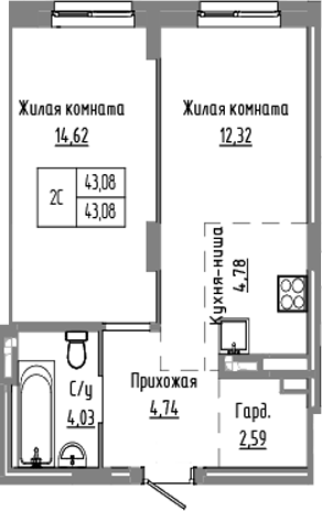 Планировка — Базилик, 2-комн., 43 м²
