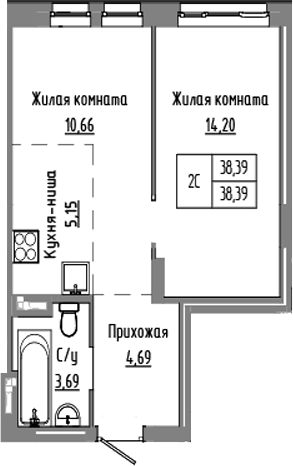 Планировка — Базилик, 2-комн., 38 м²