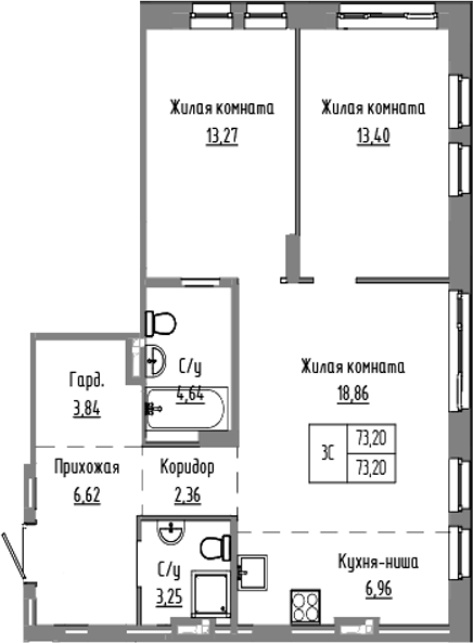 Планировка — Базилик, 3-комн., 73 м²