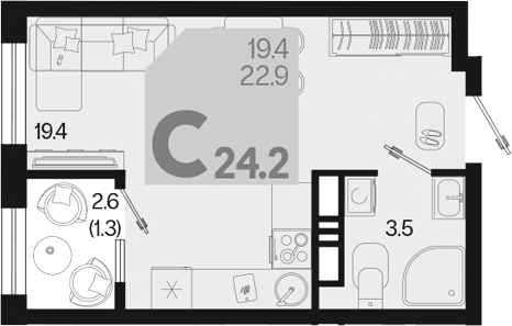 Планировка — Первое место, Студия, 23 м²