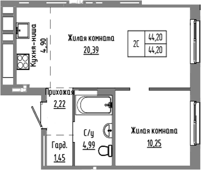 Планировка — Базилик, 2-комн., 44 м²