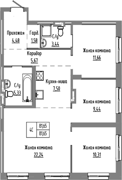 Планировка — Базилик, 4-комн., 82 м²