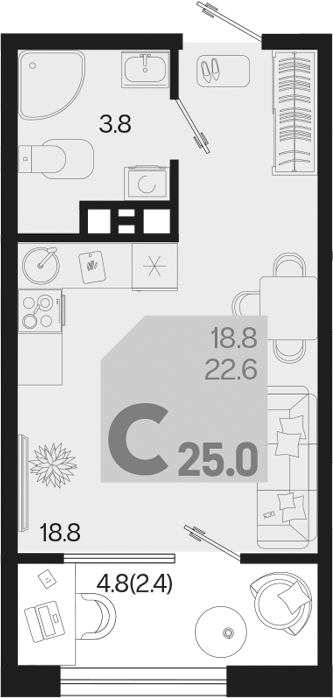Планировка — Первое место, Студия, 23 м²