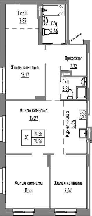 Планировка — Базилик, 4-комн., 75 м²