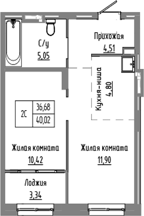Планировка — Базилик, 2-комн., 37 м²