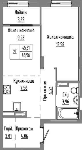 Планировка — Базилик, 2-комн., 45 м²