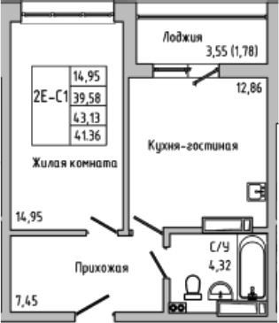 Планировка — Луна, 2-комн., 40 м²
