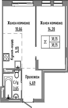 Планировка — Базилик, 2-комн., 38 м²
