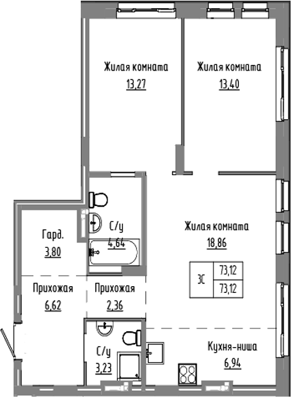 Планировка — Базилик, 3-комн., 73 м²
