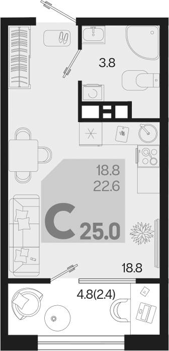 Планировка — Первое место, Студия, 23 м²