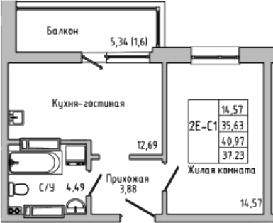 Планировка — Луна, 2-комн., 36 м²