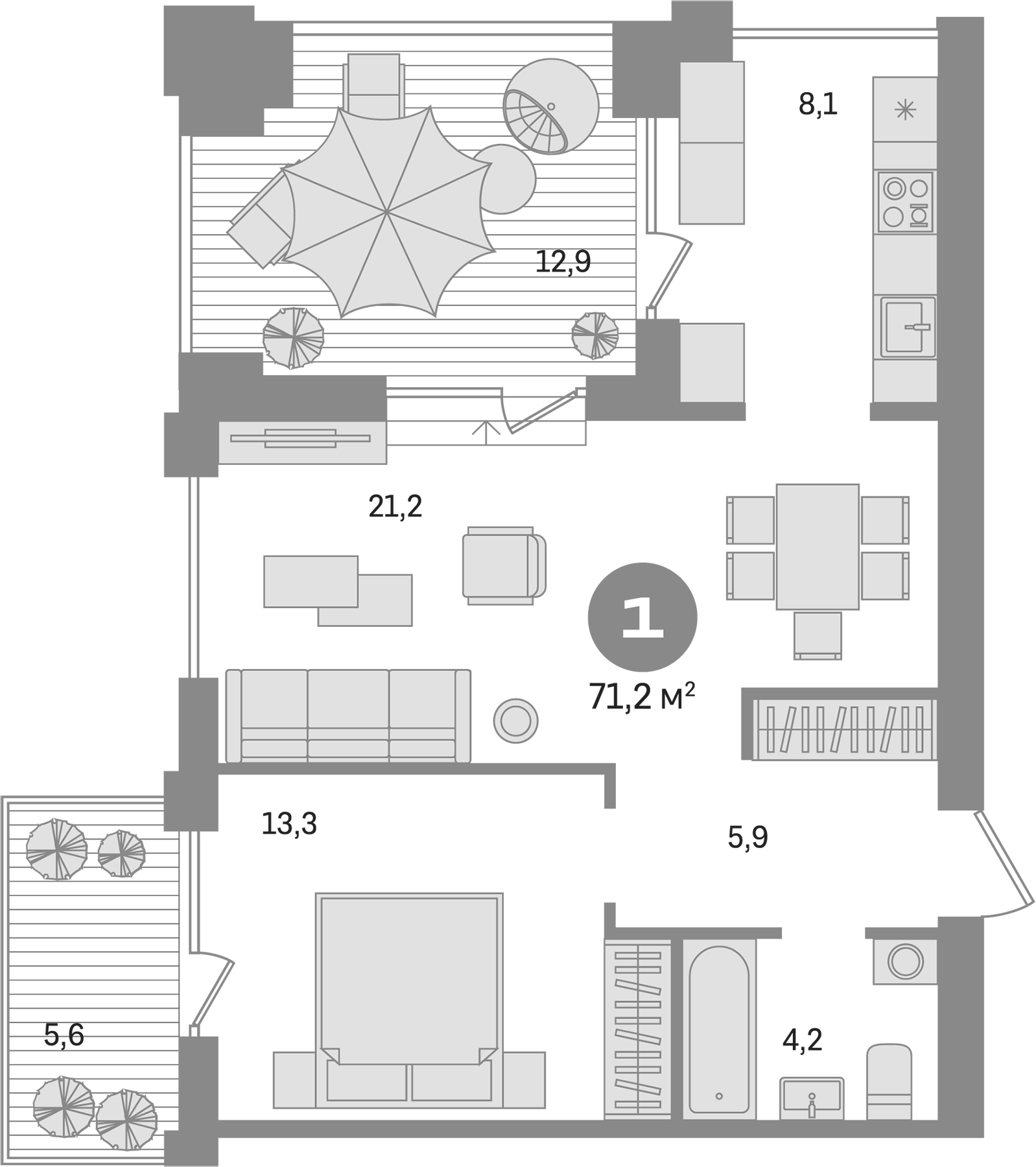 Планировка — Пшеница, 2-комн., 53 м²