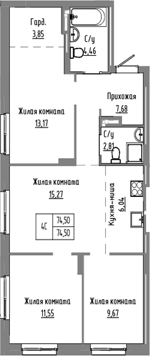 Планировка — Базилик, 4-комн., 75 м²