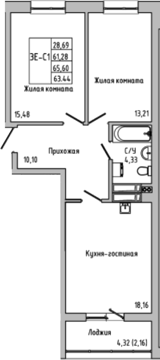 Планировка — Луна, 3-комн., 61 м²