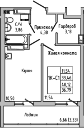 Планировка — Луна, 1-комн., 33 м²