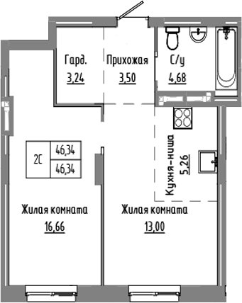 Планировка — Базилик, 2-комн., 46 м²