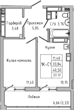 Планировка — Луна, 1-комн., 34 м²