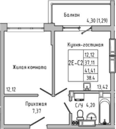 Планировка — Луна, 2-комн., 37 м²