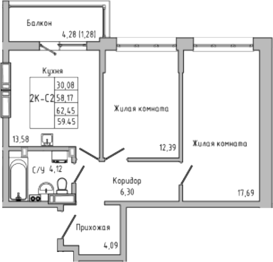 Планировка — Луна, 2-комн., 58 м²