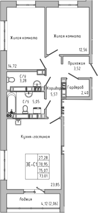 Планировка — Луна, 3-комн., 71 м²