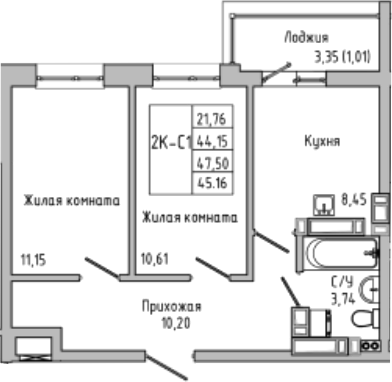 Планировка — Луна, 2-комн., 44 м²