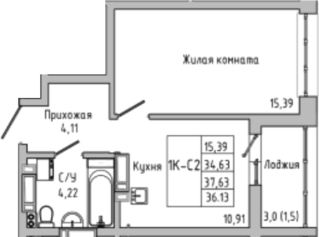Планировка — Луна, 1-комн., 35 м²